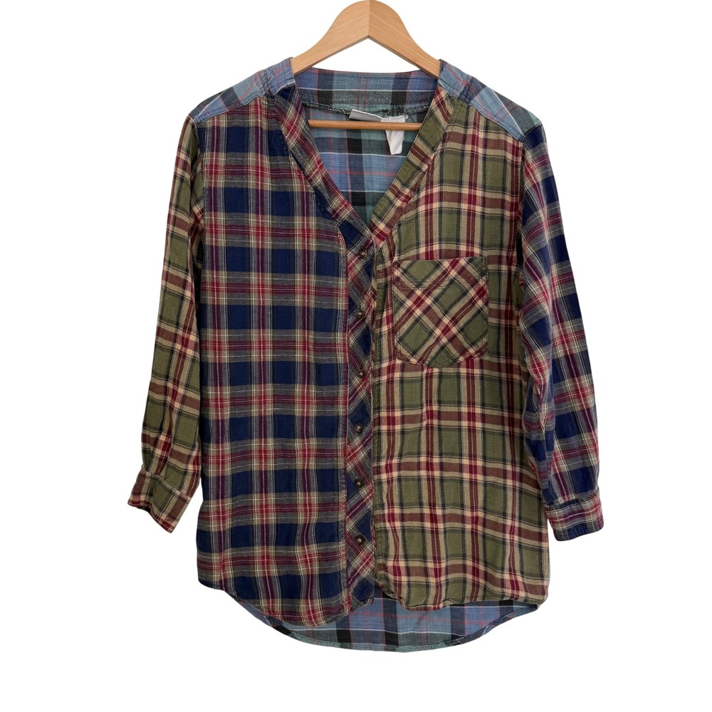VTG Backroad Blues Plaid Patchwork V Neck Long Sleeve Button Up Shirt 90s Grunge